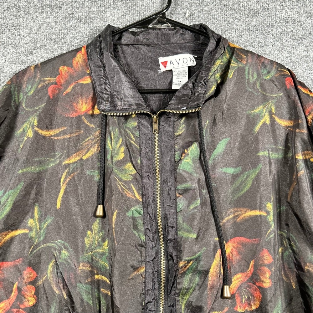 Lavon Jacket Womens 2X Black Floral Full Zip Drawstring Waist Windbreaker Vtg